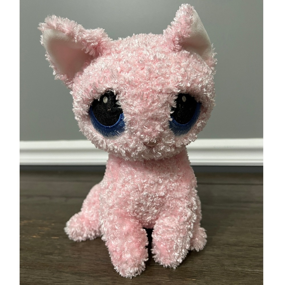 Bestever Pink Curly Swirly Kitty Cat Plush Big Eyes Stuffed Animal Toy 10 inch